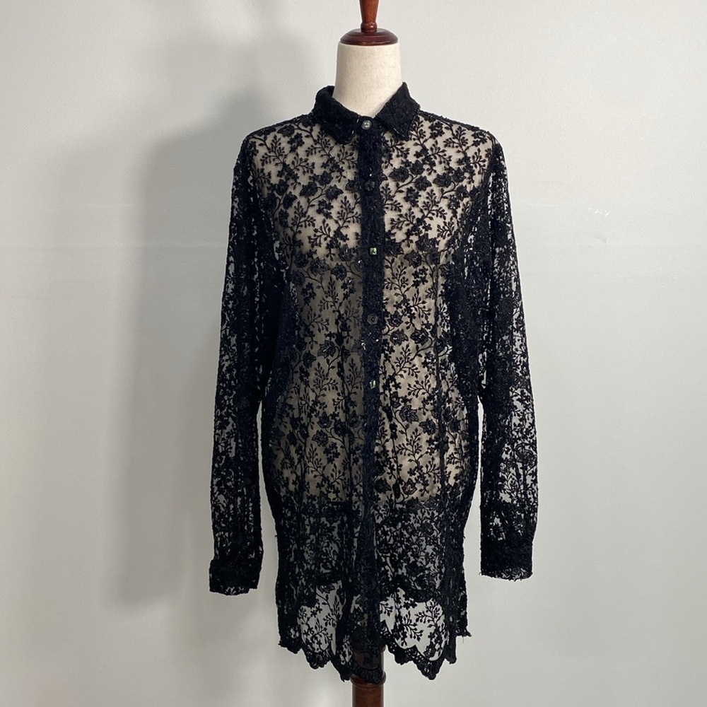 Vintage Embroidered Lace Button Down Top Beaded Art to Wear  Women's XL Black